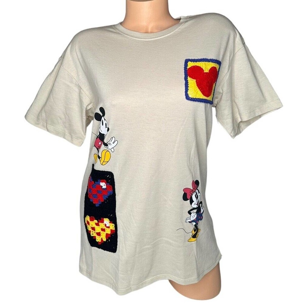 NEW Disney Mickey Mouse Happy Moments Graphic T-Shirt Crochet Patches Retro XS